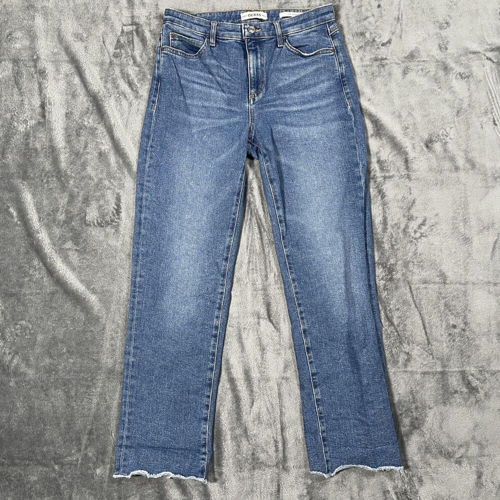 Guess 1981 Straight Jeans Womens 27 Blue Med Wash High Rise Raw Hem 27x27